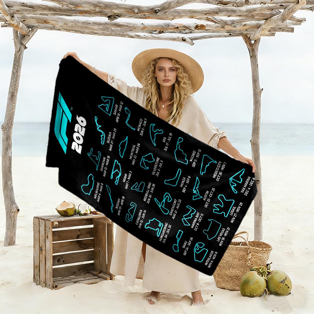 Asciugamano da Spiaggia Calendario Formula 1 2026 Alta Assorbenza & Asciugatura Rapida Comodo Leggero Adatto per Nuoto, Palestra, Campeggio, Yoga Vacanza