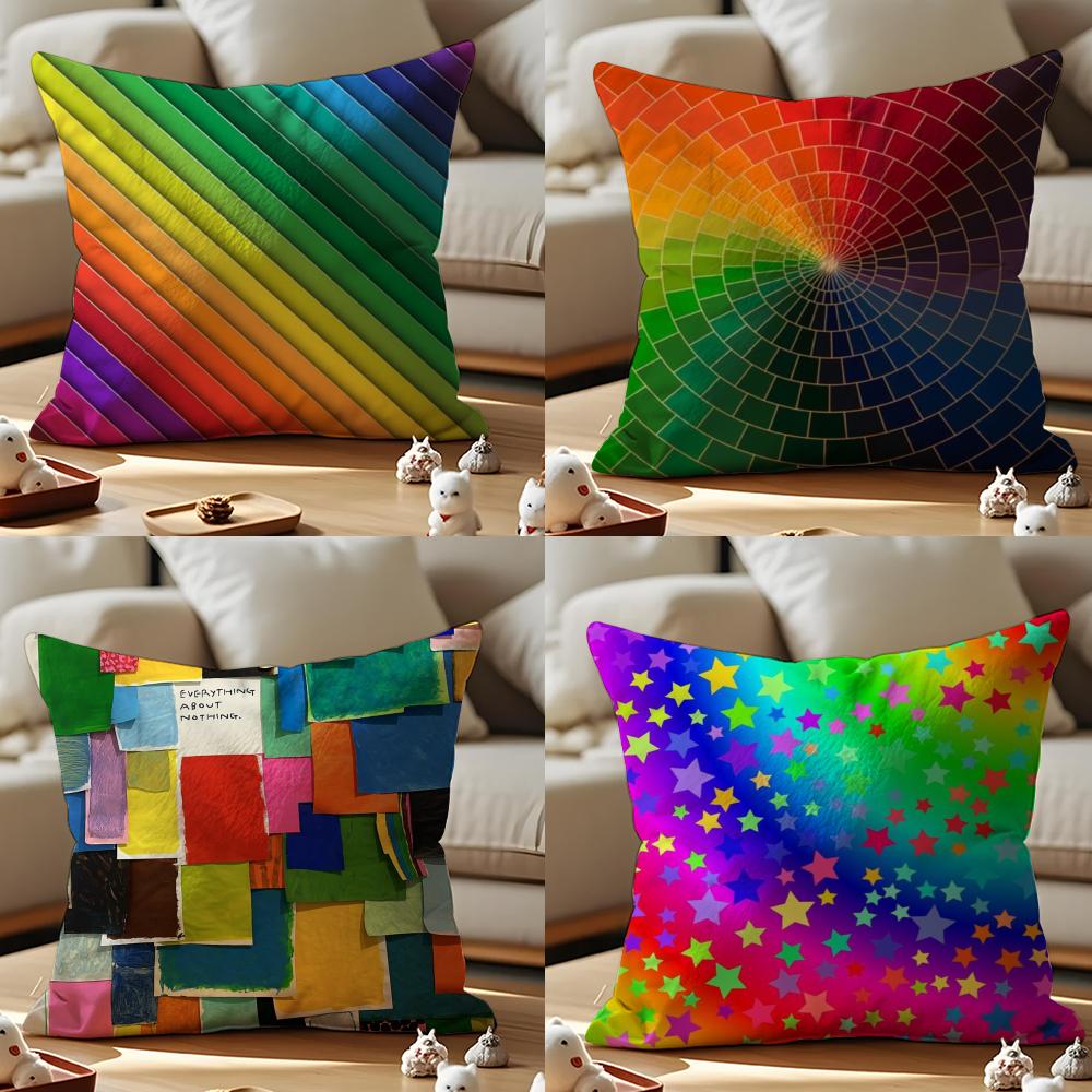 Color Blocking Art Cushion Cover Anti-dustmite Pillowcase Invisible Zipper Silky Short Plush Sofa Cushion Cover