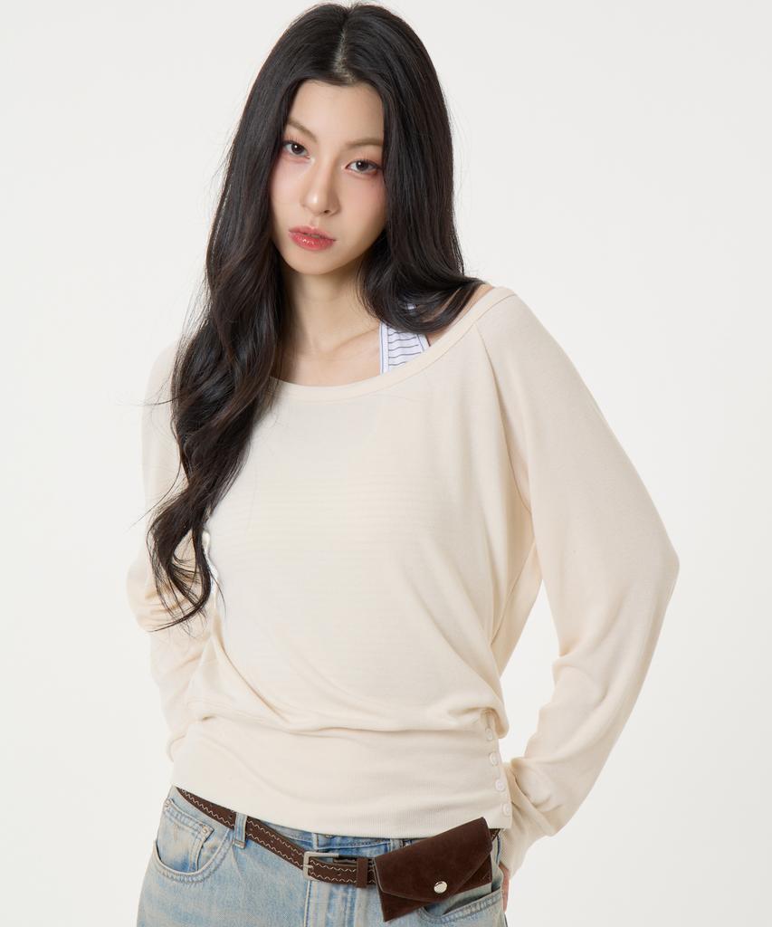 UNKNOWN PLANET [Set] Layered Striped Halter Top Long Sleeve T-Shirt Beige