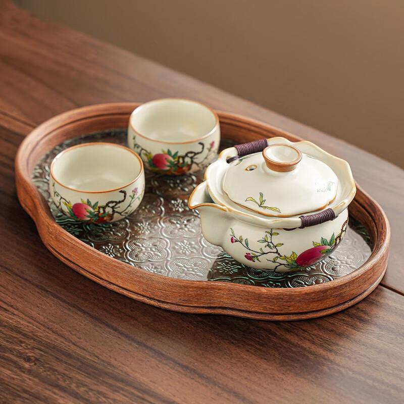 Lainuo Yellow Ru Kiln Handheld Tea Set with Small Retro Glass Tray