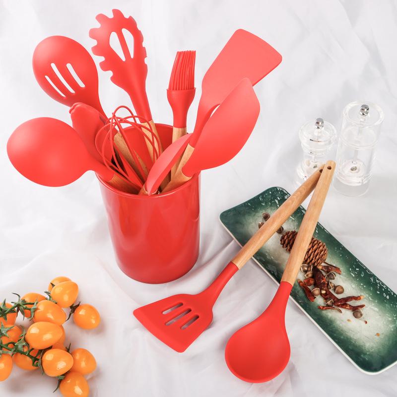 12-Piece Silicone Kitchen Utensil Set - Heat Resistant, Non-Slip Wooden Handles for Baking & Cooking