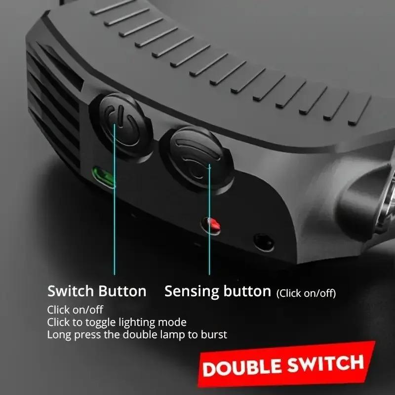Sensor Headlamp LED Head Flashlight Rechargeable Headlight Head Torch Built-in Battery 5/6/8/10 Lighting Modes Fishing Camping Lantern