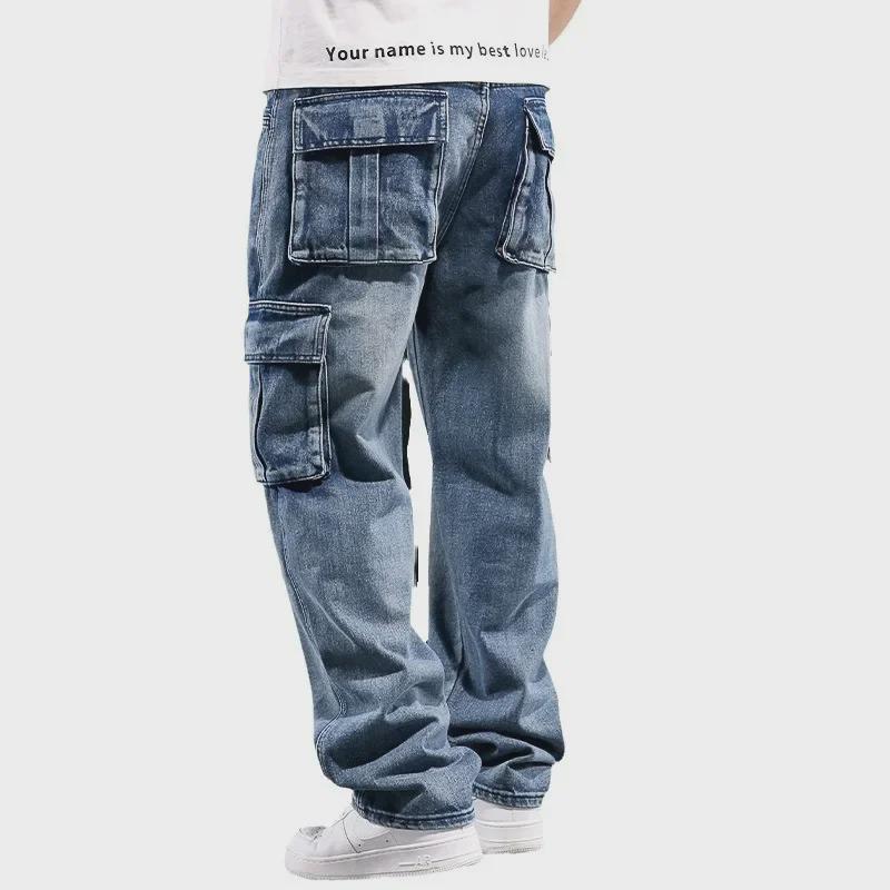Men's American-Style Multi-Pocket Wide-Leg Loose Workwear Jeans, Large Size