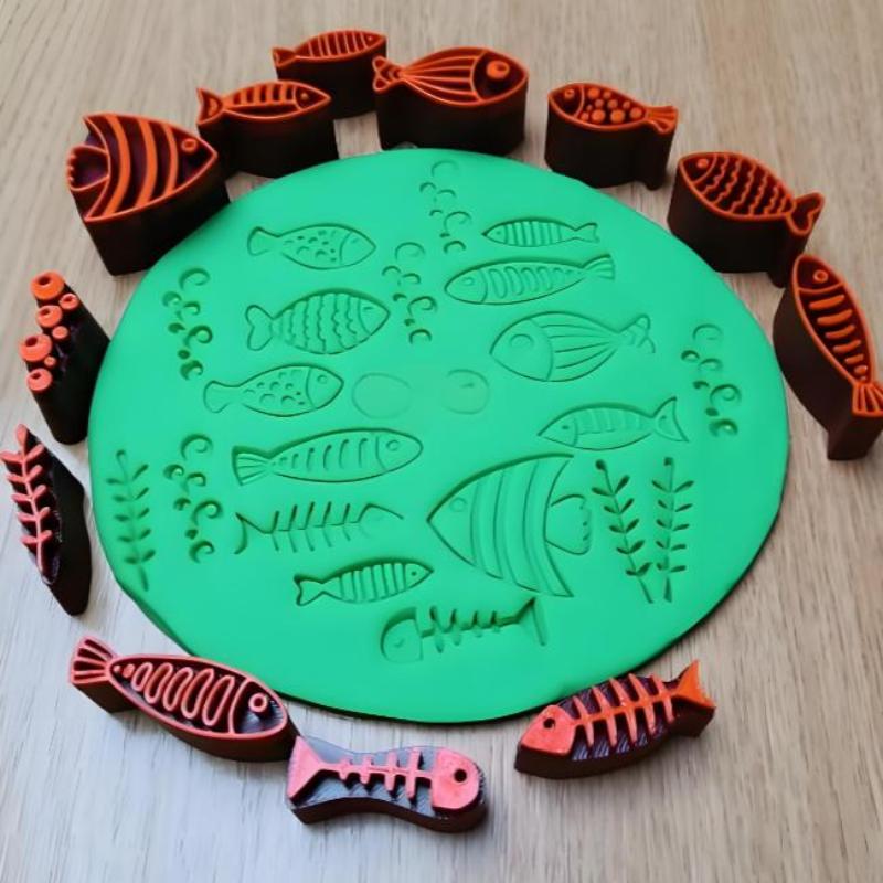 12pcs DIY Pottery Clay Stamps Fish Marine Algae Shapes Plastic Seals Ideal for Kids Creative Classroom Ceramics Projects