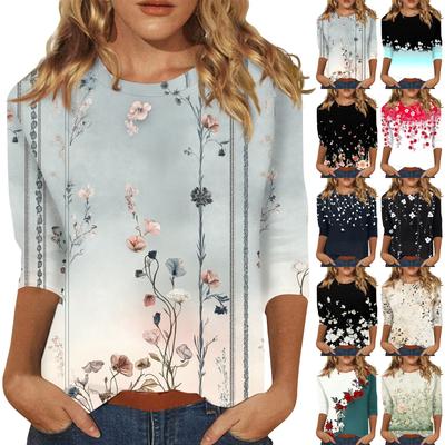 3/4-Ärmel Oberteile für Damen T-Shirt Lässig Print Oberteile T-Shirt Rundhals Pullover Bluse