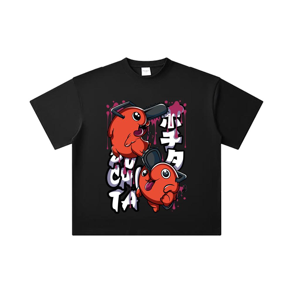260 GSM Dvojitá příze 32 Počtu 100% Bavlna Chainsaw Man V37 Pochita Potisk Unisex Těžké Bavlněné Tričko