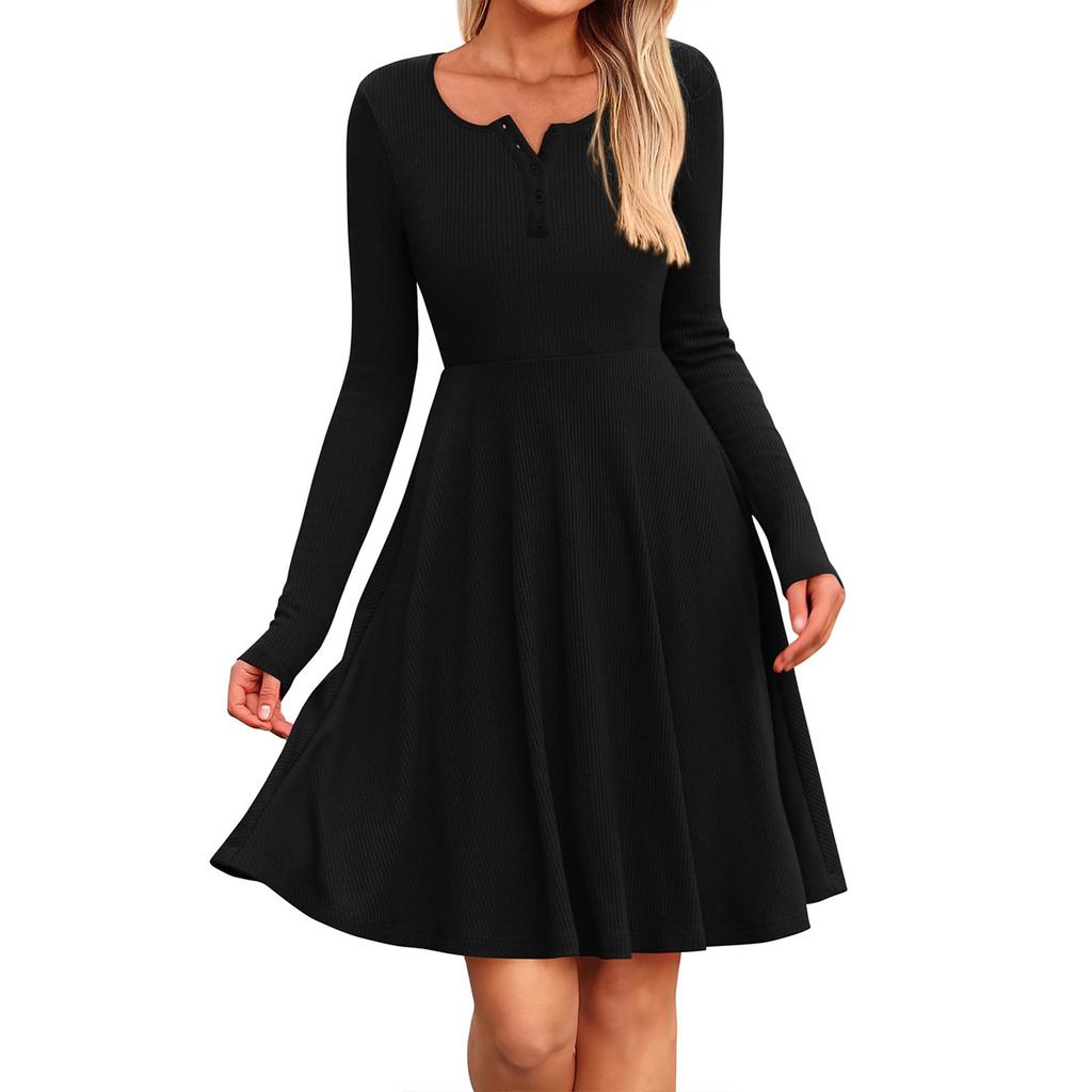 Women's Long Sleeve Dress Casual Ribbed Knit Round Neck Button Down Dresses
