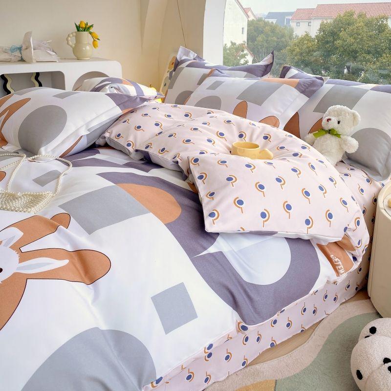 Thickened Pure Abraded Four-piece Set, Single Double Skin-friendly Twill Bed Sheet, Quilt Cover, Dormitory Three-piece Set, Bedding