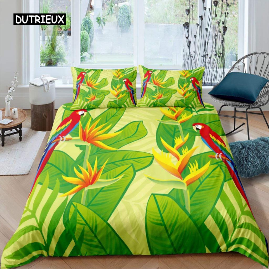 Parrot Duvet Cover Set Black White Stripe Bedding Set Green Plant Palm Leaves Quilt Cover Bird Animal Polyester Comforter Cover