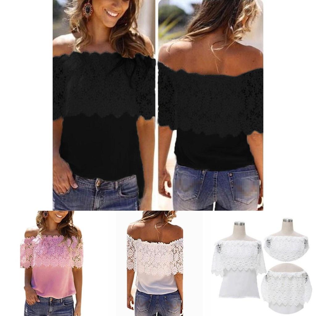 Elegantes Damen-Off-Shoulder-Kurzarm-Spitzen-Lochmuster-Freizeit-T-Shirt-Bluse für Sommerausflüge
