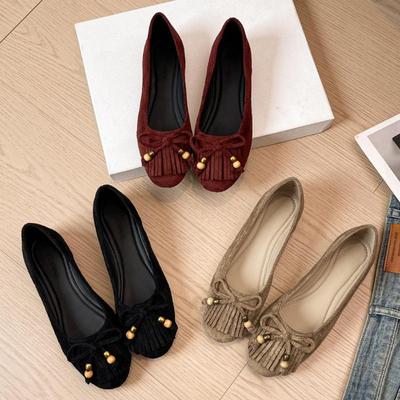 Mode Luxus Schnur Perlen Quasten Design Ballerinas Damen Hohe Qualität Wildlederimitat Niedriger Absatz Pumps Mode Schleife Verziert Freizeitschuhe
