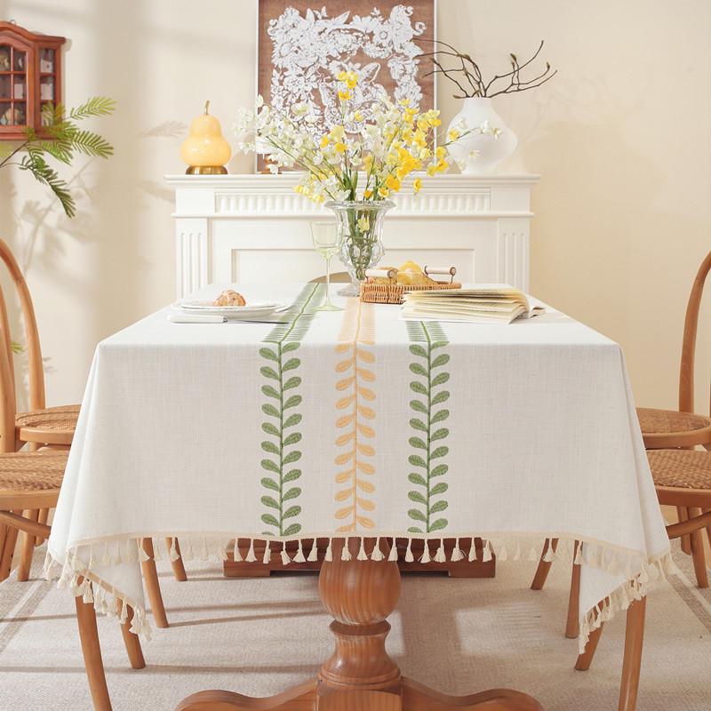 Cross-border Embroidered Plaid Floral Tassel Tablecloth for Coffee & Dining Tables