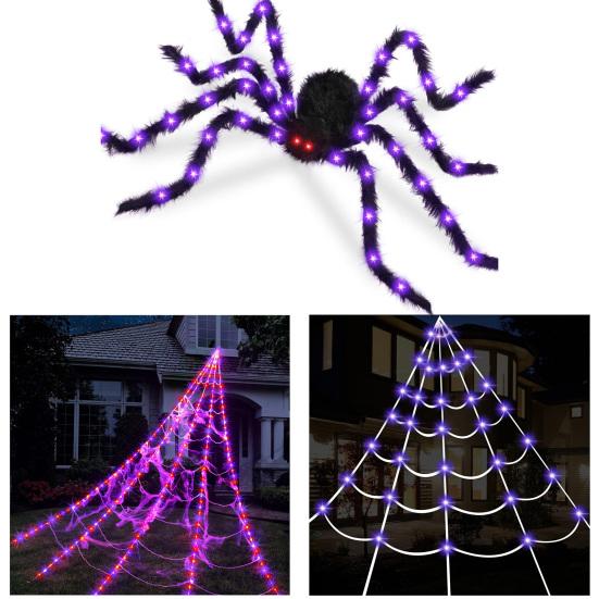 Halloween Edderkoppnettlys 250 LED Vanntette Nettlys med Edderkopp Fjernkontroll Spindelvev for Gård Hus Hage Utendørs Innendørs Fest Hjemsøkt
