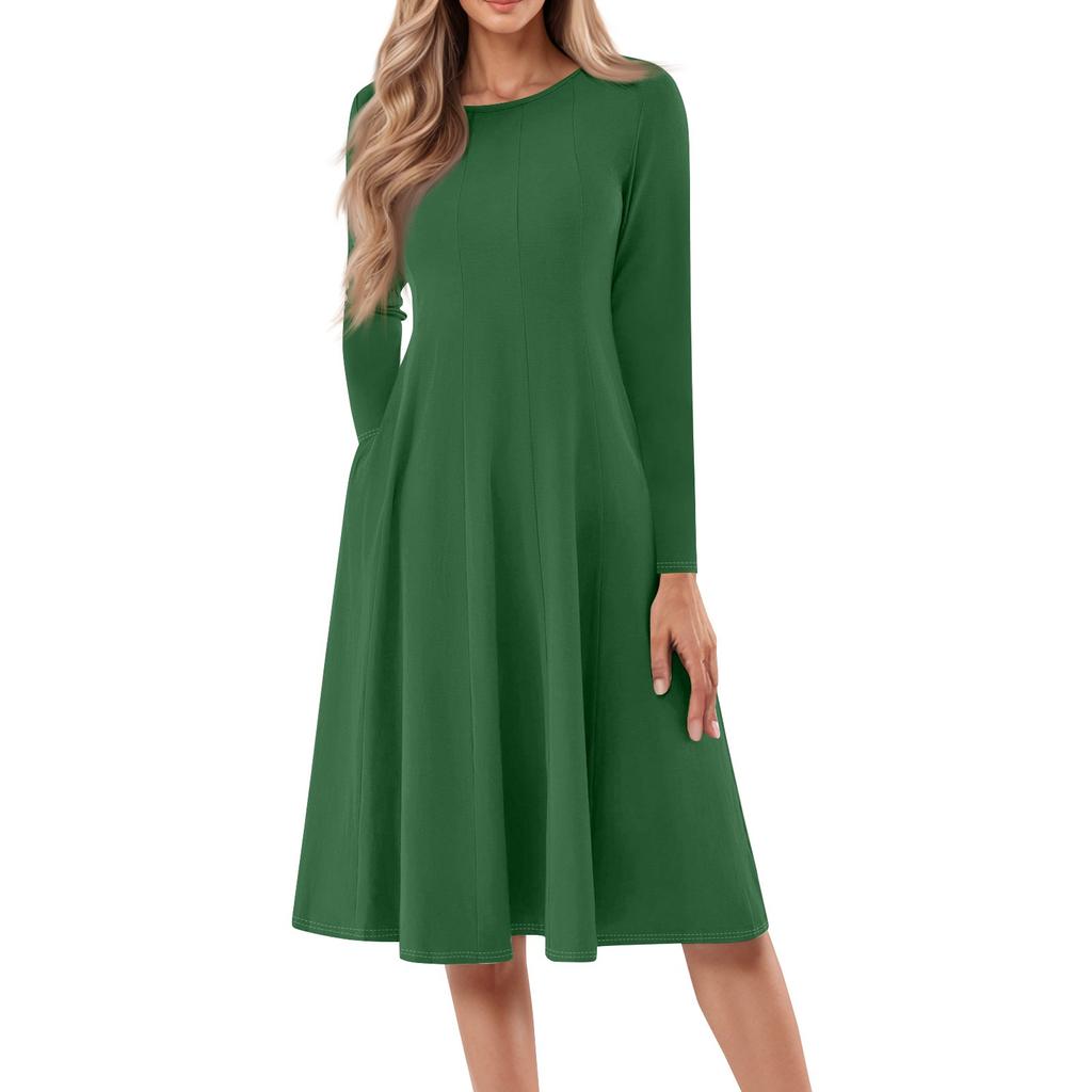 Damen Freizeitmode Rundhals Langarm Farbe Midi Kleid