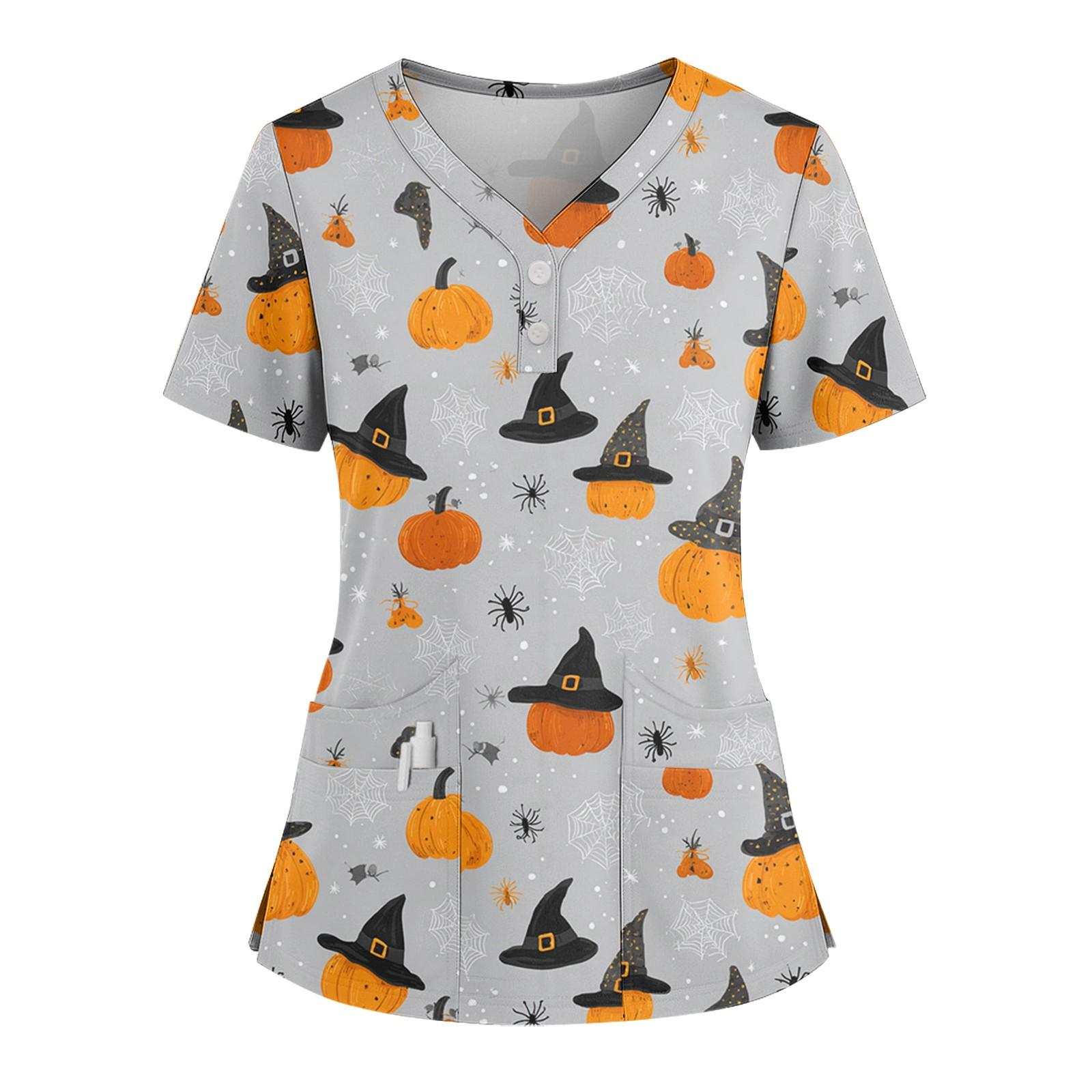 

Женская свободная футболка с коротким рукавом, модным принтом на Хэллоуин, V-образным вырезом, застежкой на пуговицы и боковым разрезом XL