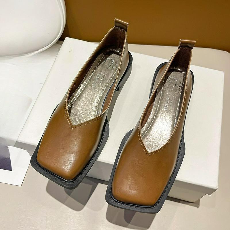 Xiaoxiangfeng Low-heeled Single Shoes Women's Pedal Scoop Shoes Square Toe Soft-soled Women's Shoes Spring and Autumn Peas Shoes