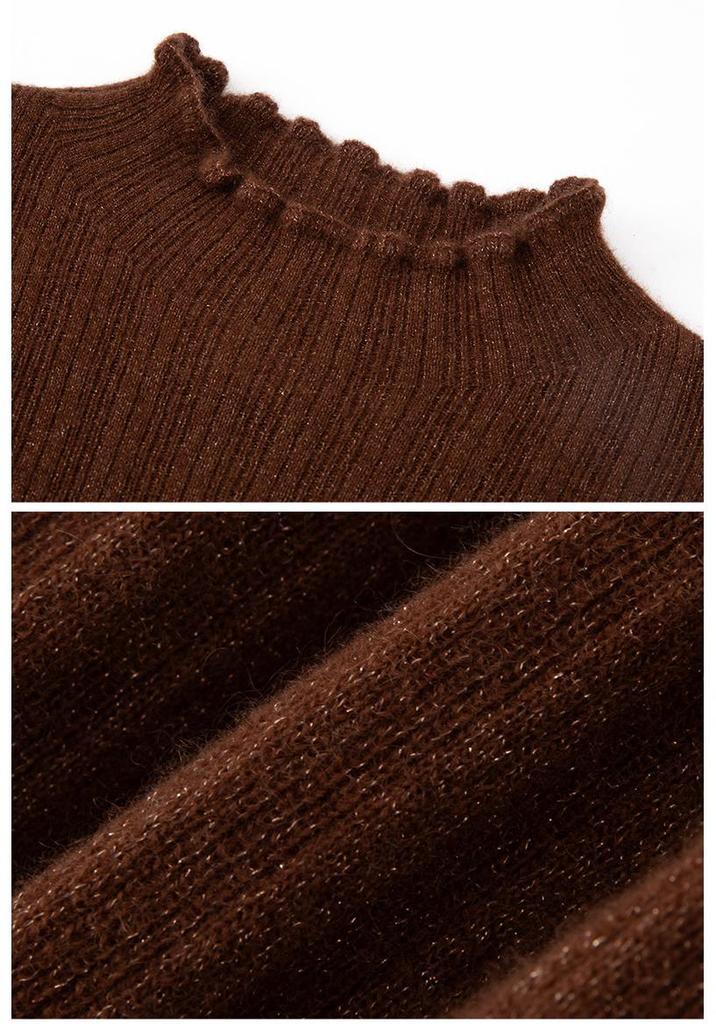 Women's 100% Pure Cashmere Striped Lurex Sweater - Half-High Neck, Long Sleeve Knitwear for Autumn and Winter