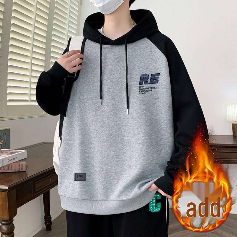 

Men s Plus Velvet Hooded Sweatshirt - Loose Fit Pullover for Youth Student Fashion, Spring & Autumn. Large