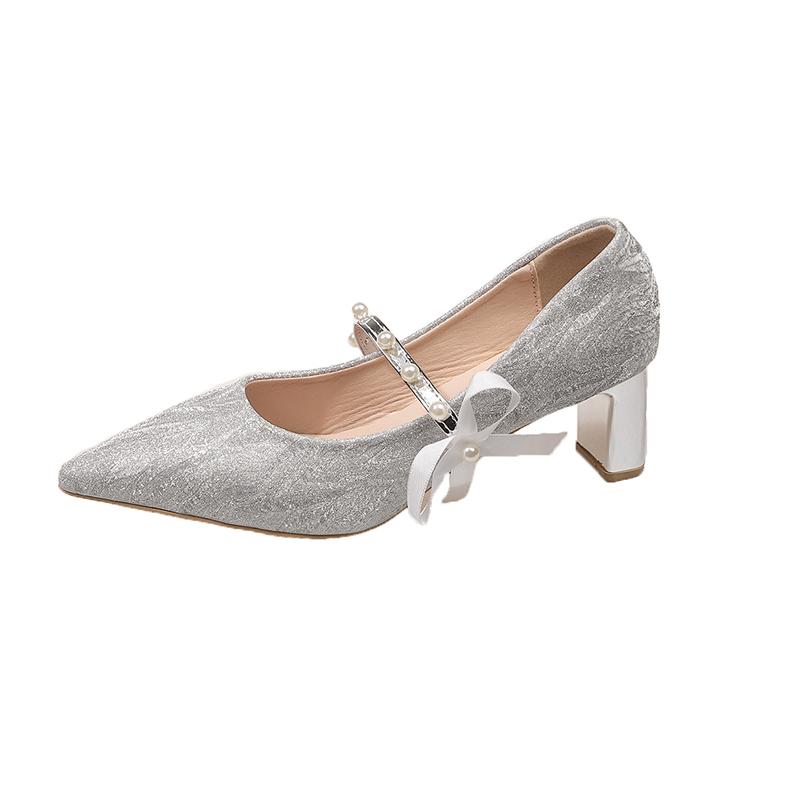 New One-line with Pointed Toe Shallow Single Shoes Feminine Pearl Bow Non-tiring Feet Non-slip Block Heel High Heels