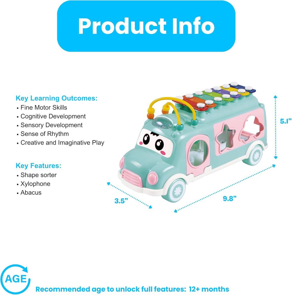 Interactive Musical Bus Toy for Toddlers - Xylophone, Abacus, Shape Sorter, and Push/Pull & Go Feature - Kids Educational Gift