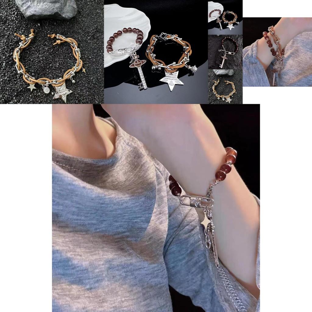 Fashionable Brown Leather Star Bracelet With Beads For Anniversary Gifts