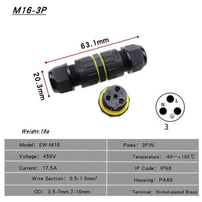 M16 Scatola di Giunzione Impermeabile 3 Pin Ip68 Connettore Pressacavo Cavo Elettrico In Linea
