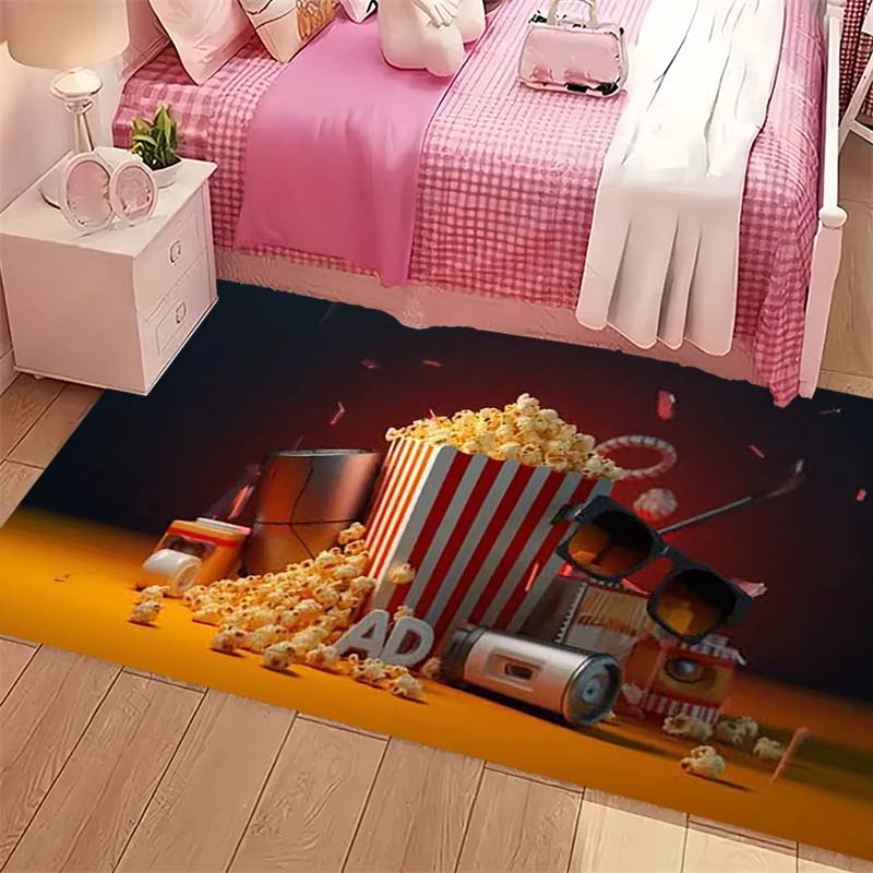 Vintage Cinema Popcorn Drink Glasses Print Area Rug Movie Theme Non‑Slip Rectangular Floor Mat Game Room Living Bedroom Home Decor Rug