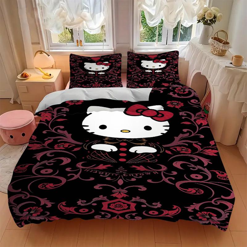 3pcs Darkly Romantic Floral Hello Kitty Quilt Cover Set (1 Quilt Cover + 2 Pillowcases Without Pillow Core), High-Definition Printing for Home an