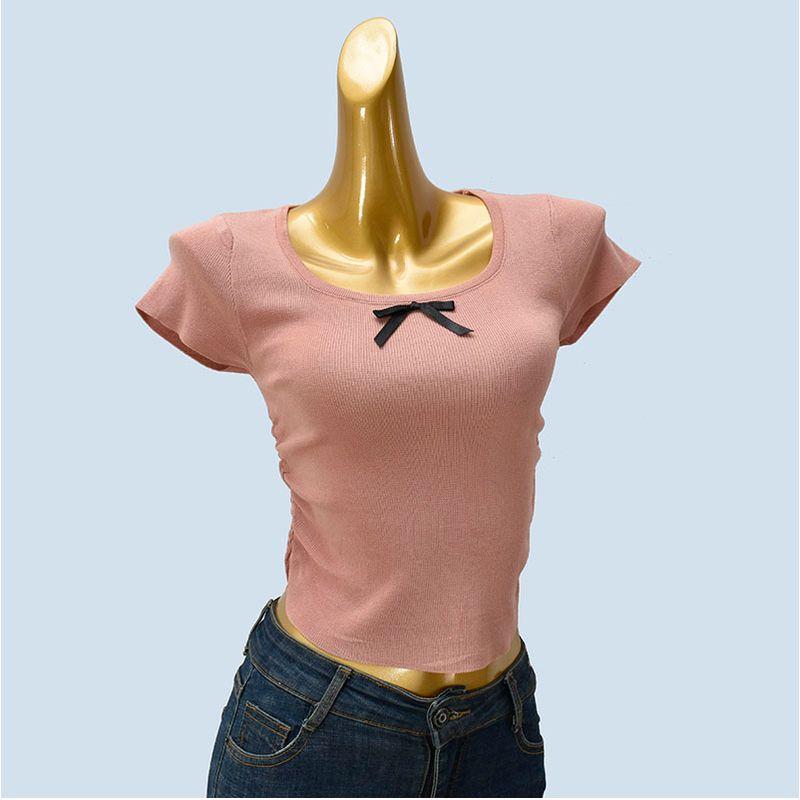Knitted Simple Pleat Summer New Short sleeve knit Women Slim fit Slimming Square Collar Solid All-Match Base Top