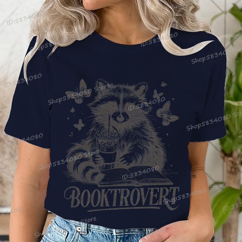 Funny Reading Raccoon Graphic T Shirts Women Booktrovert Essential Classic Tops Casual Book Lover Gift Tee Retro Bookish Clothes
