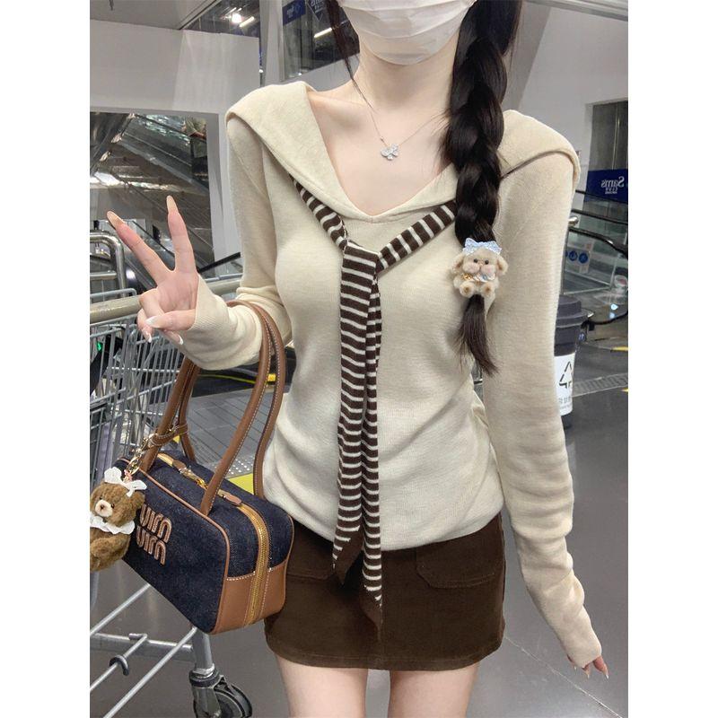 Kumikumi Sweet Style Contrast Color Striped Fake Two Pieces Long Sleeves Knitwear Female Autumn Slimming Easiest for Match Chic Tops