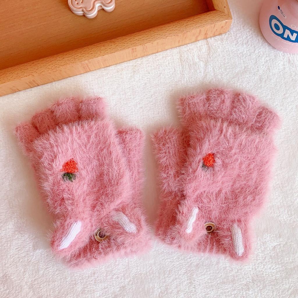 Cute Work For Girls Fingerless Plush Flip Korean Mittens Strawberry Half Finger Gloves Women Gloves