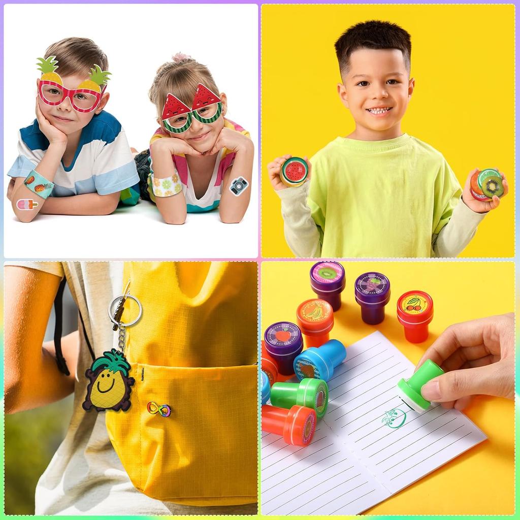 Blosssound 96 Pcs Fruit Party Favors Summer Theme Birthday Gifts Set Make a Fruit Sticker Stress Ball Slap Bracelet Glass Ring Keychain Stamper Gift