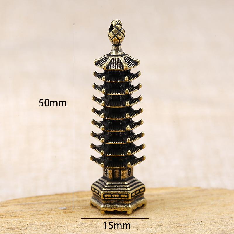 Retro-Style Pure Brass Nine-Story Wenchang Pagoda Pendant Keychain with Five Emperors Coin