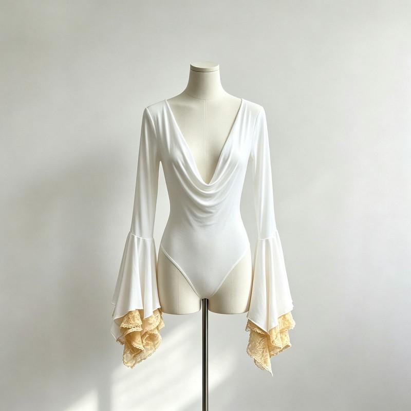 Sexy Deep V Neck Lace Trim Bodysuit With Flared Sleeves High Waist Short Pants Womens Slim Fit 2026