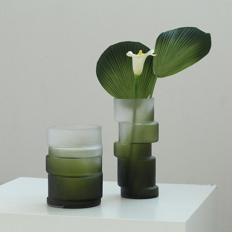 Vase en Verre Géométrique Désaligné Dégradé Mat Vert Joint de Bambou Vase en Verre Hydroponie Terrarium Accessoires de Décoration pour la Maison
