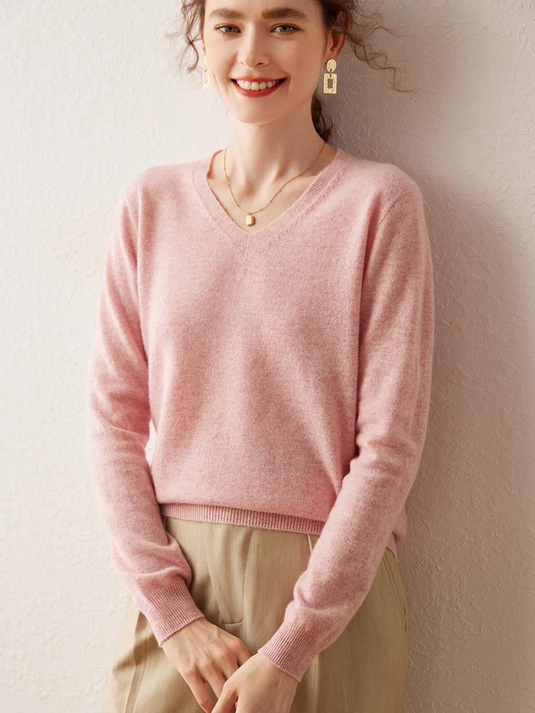 2025 Autumn/Winter Women's V-Neck Cashmere Sweater - Loose Fit, Thin Base Layer, Solid Color