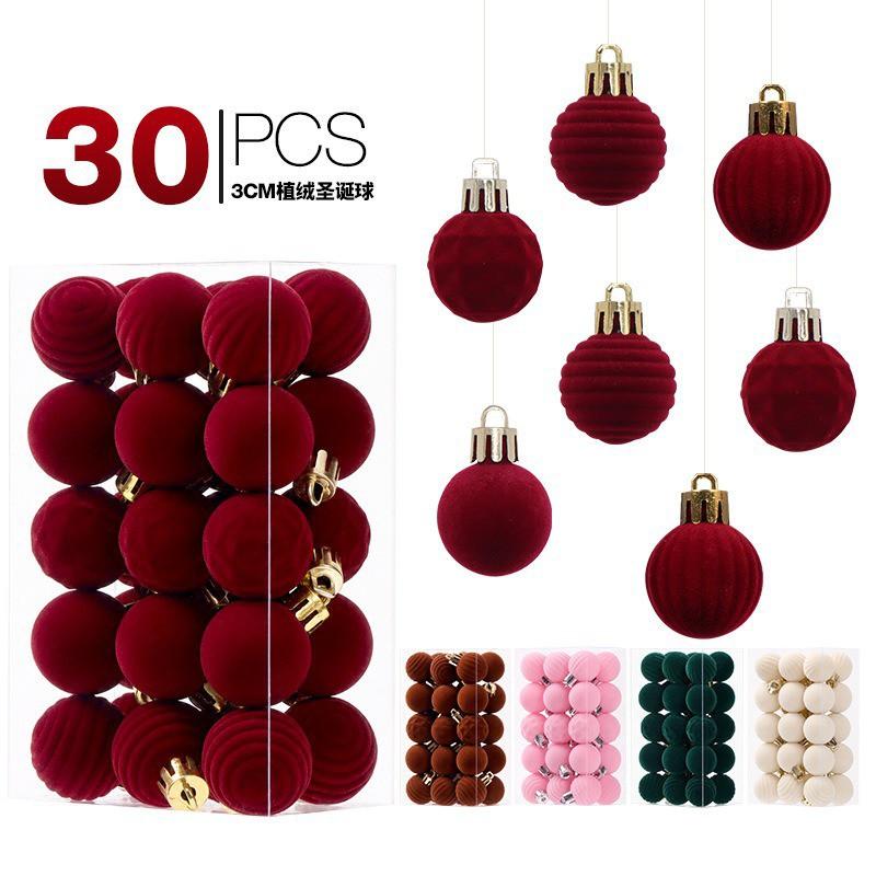 3cm Flocked Christmas Balls 30pcs Set Xmas Tree Hanging Ornaments Luxury Decorations
