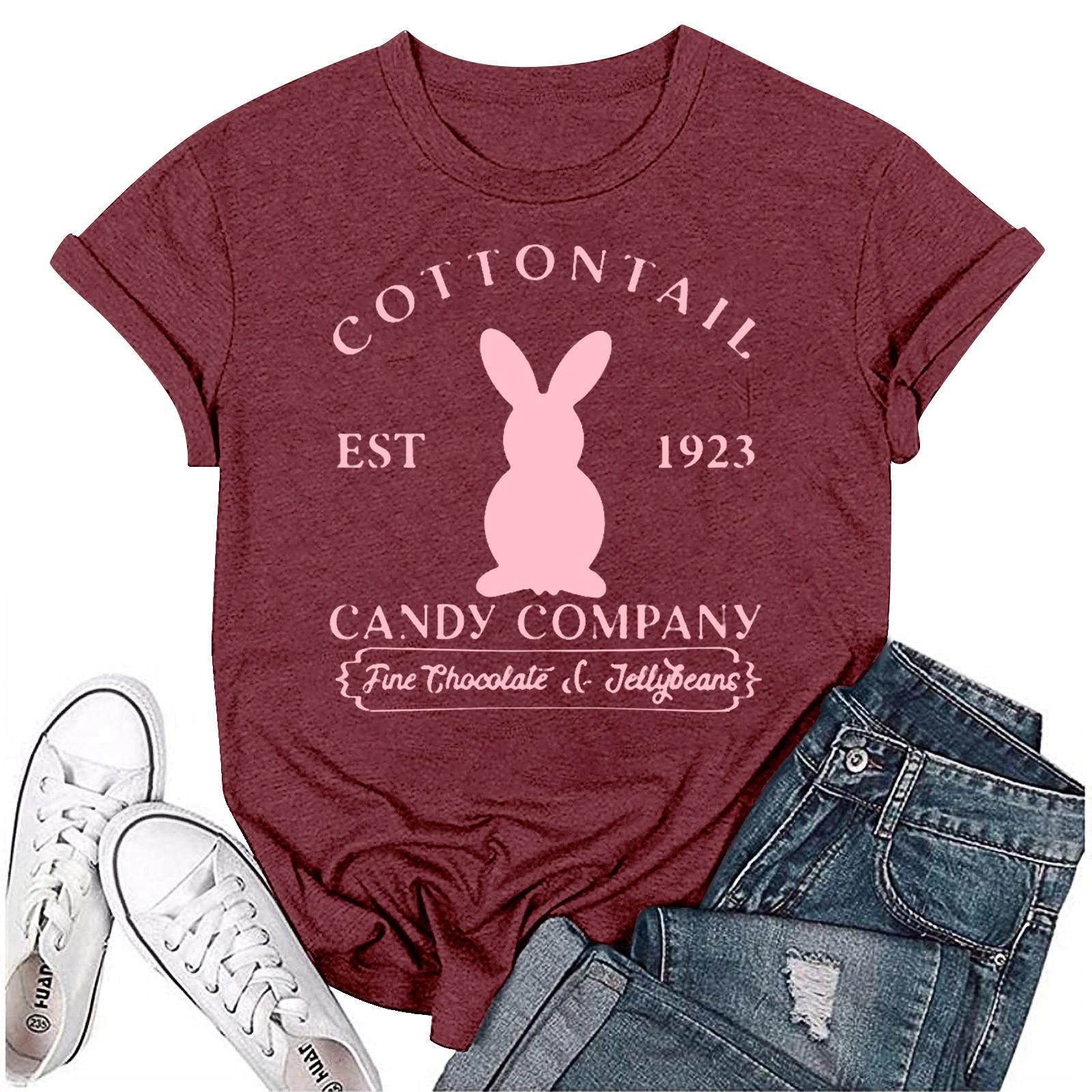 

Жіноча Мода Великодній Принт Повсякденна Плісирована Футболка Топ з Круглим Коротким Рукавом L винний