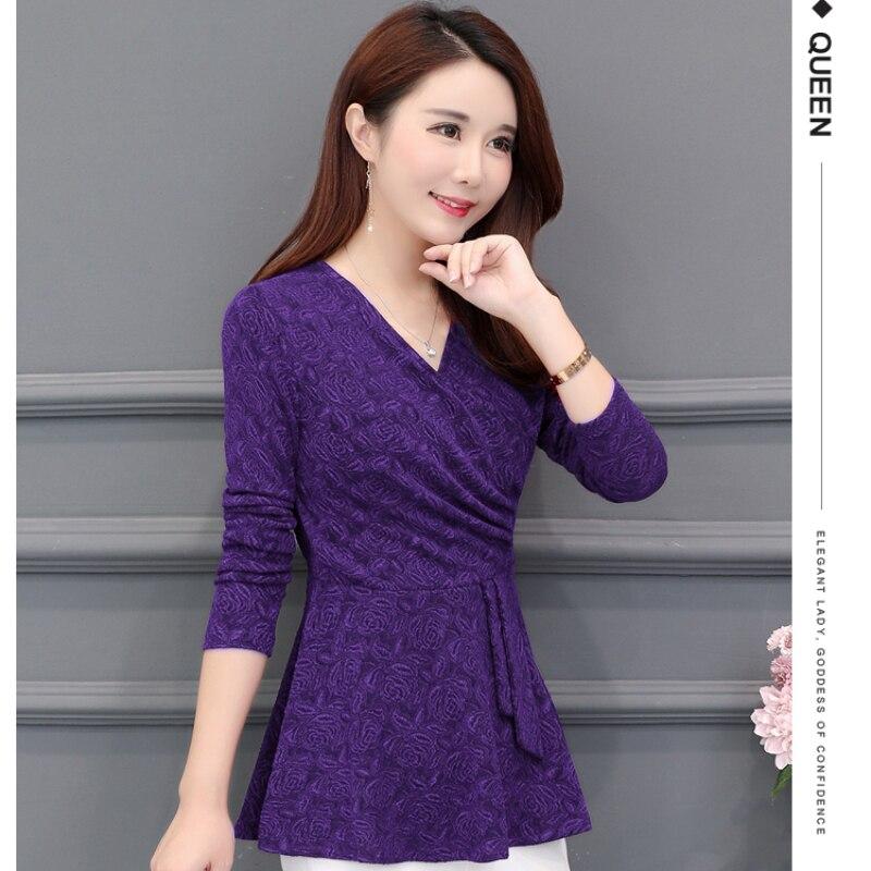 

Повседневная зимняя новая женская верхняя блузка с плюшевым принтом и утолщенным низом, кружевная блузка с длинными рукавами и v-образным вырезом, фиолетовые топы, блузки, рубашки L фиолетовый