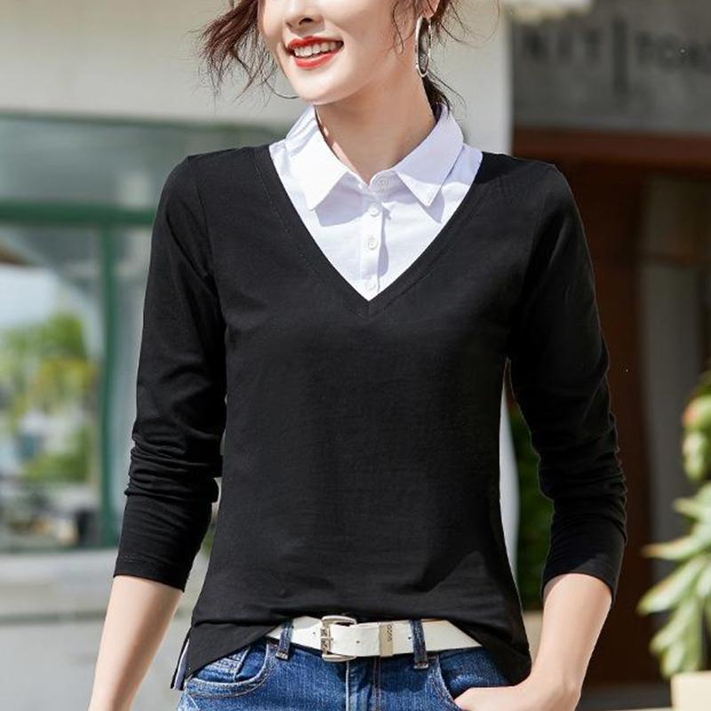 Dámské jarní a podzimní tričko ve velkých velikostech, trendy nové falešné dvoudílné s dlouhým rukávem, černé a bílé podšité, korejský styl, top, spodní tričko
