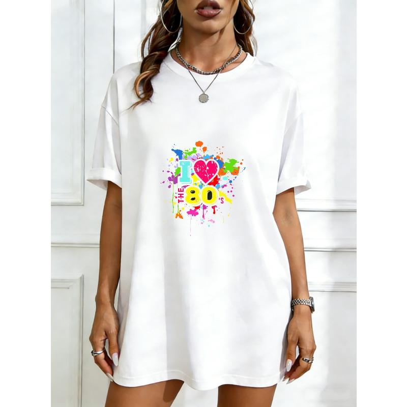 Oversized T Shirt Dress Black I Love The 80s Colorful Splatter Print Party Casual Wear