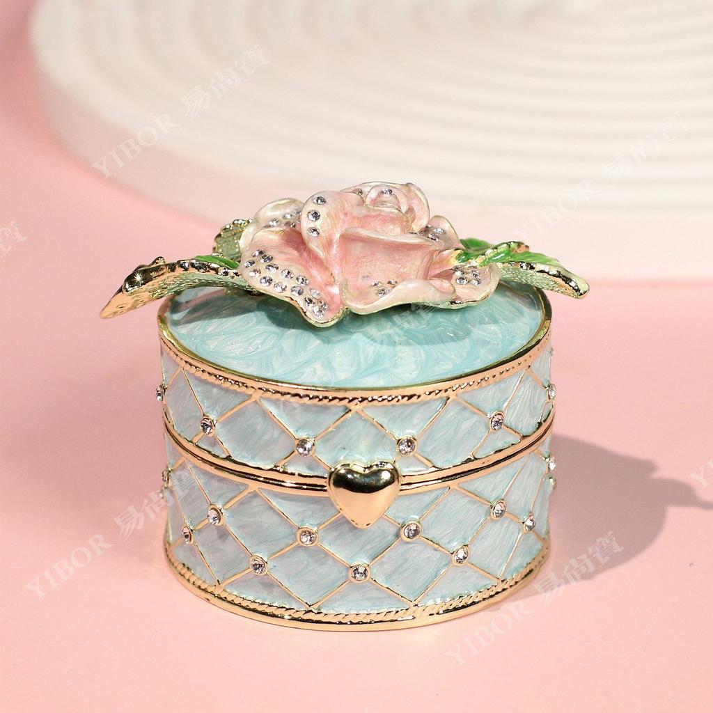 Enamel Rose Flower Jewelry Box, Alloy Light Luxury Ring Holder, Fashion Handicraft Storage Box for Earrings & Necklaces