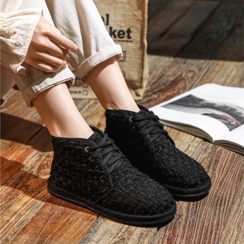 Johnature Casual Women's Short Boots Plush Warm Cotton Shoes Handmade Soft Sole Lace-up Cloth Shoes