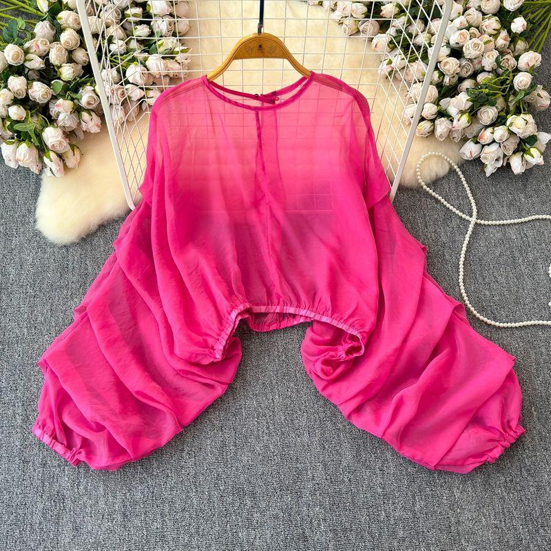 

Summer Loose Lantern Sleeve Asymmetrical Hem Chiffon Shirt Rose Red One size