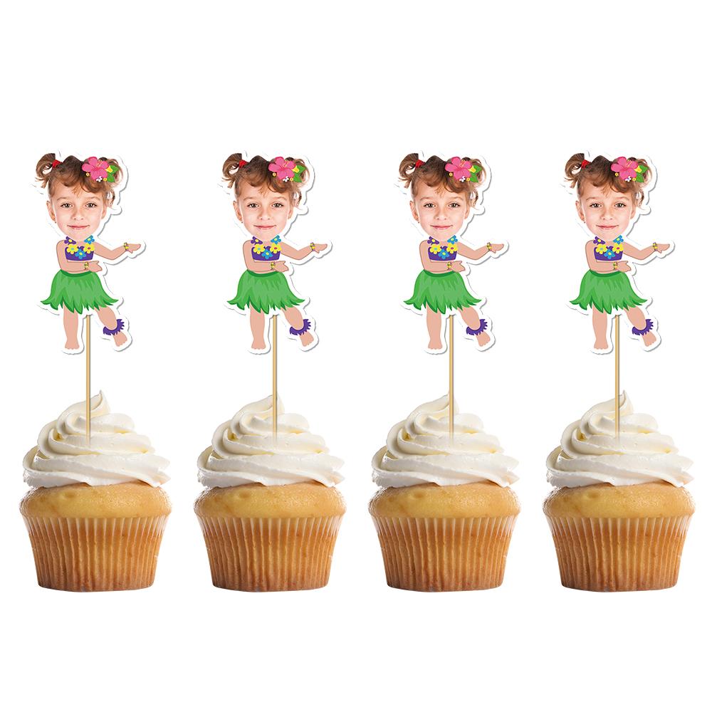 

6/12pcs Hawaiian Personalized Face Cupcake Toppers Custom Hula Girl dancer Photo cake Topper Aloha Luau Birthday Party decor 6pcs