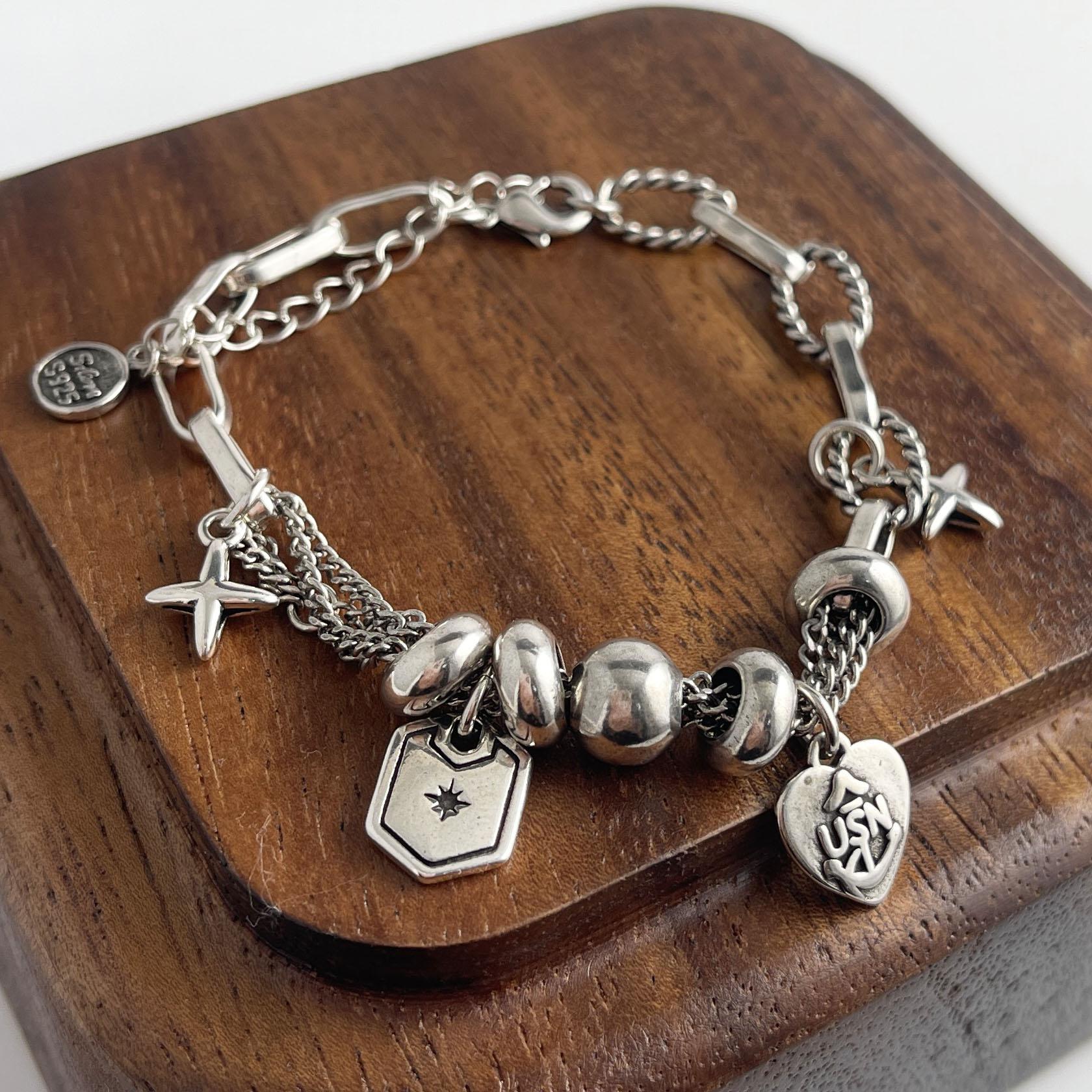 

100% Solid 925 Sterling Silver Retro Bracelet for Women Men Vintage Handmade Star Chain Simple Bracelet Birthday Gift