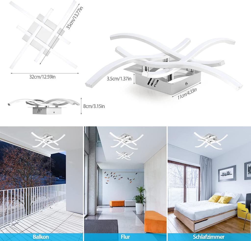LED Ceiling Light 12W 24W Curved Design Ceiling Lamp Modern Living Room Lamp 6000K Cold White for Dining Room Bedroom Balcony