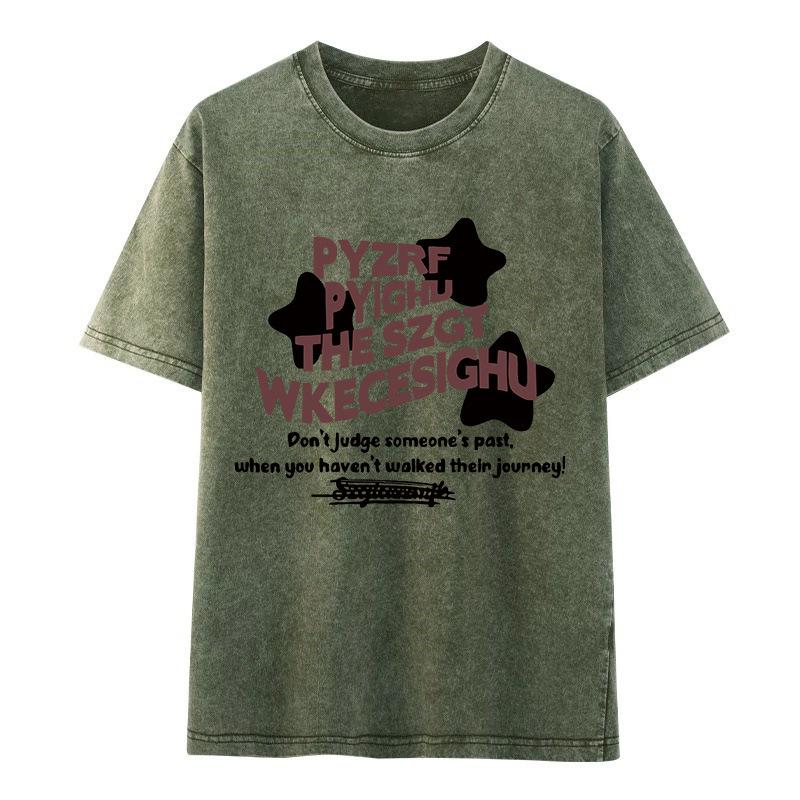 Women's Retro Washed Distressed Cotton Short-Sleeve T-shirt, Summer Style, Loose Fit with Graphic Print