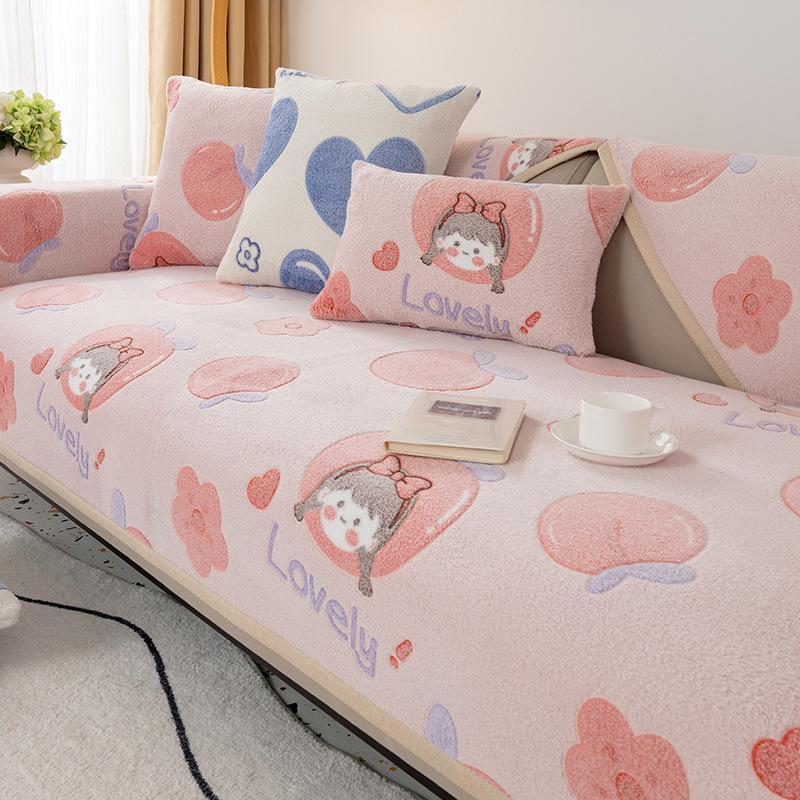 Sofa Cushion Winter Cartoon Non-Slip Cushion Cover Towel Cute Thickening Plush Sofa Cover